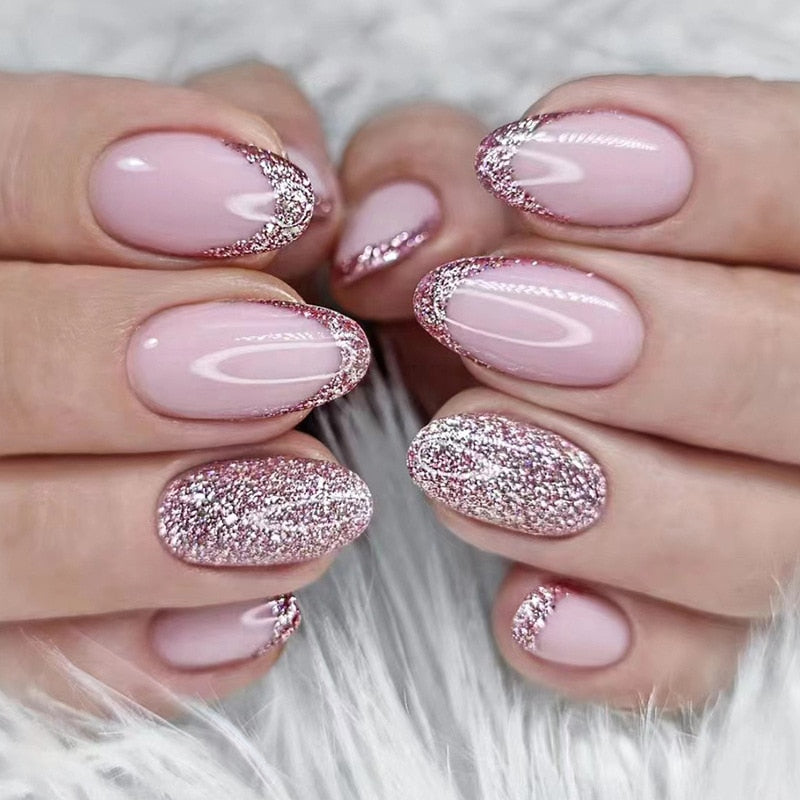 24pcs Wearable Short Round Head Sparkling French fake nails with glue Full Cover Almond Press On False Nails with Waves Stripes 495