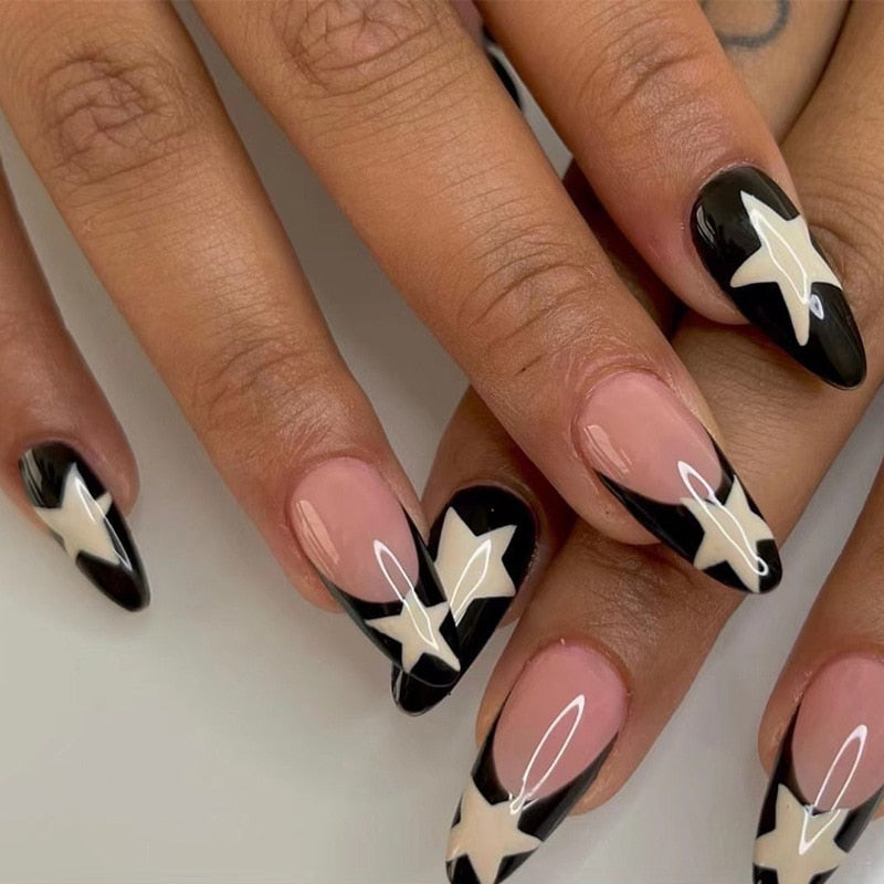 24pcs/box Fake French y2k Nails Press On Long Stiletto Almond Shape Wearable False Nails With Stars Designs Full Cover Nail Tips style1
