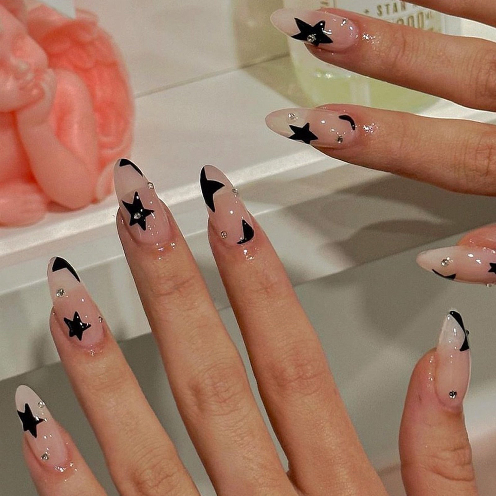 24pcs/box Fake French y2k Nails Press On Long Stiletto Almond Shape Wearable False Nails With Stars Designs Full Cover Nail Tips style32