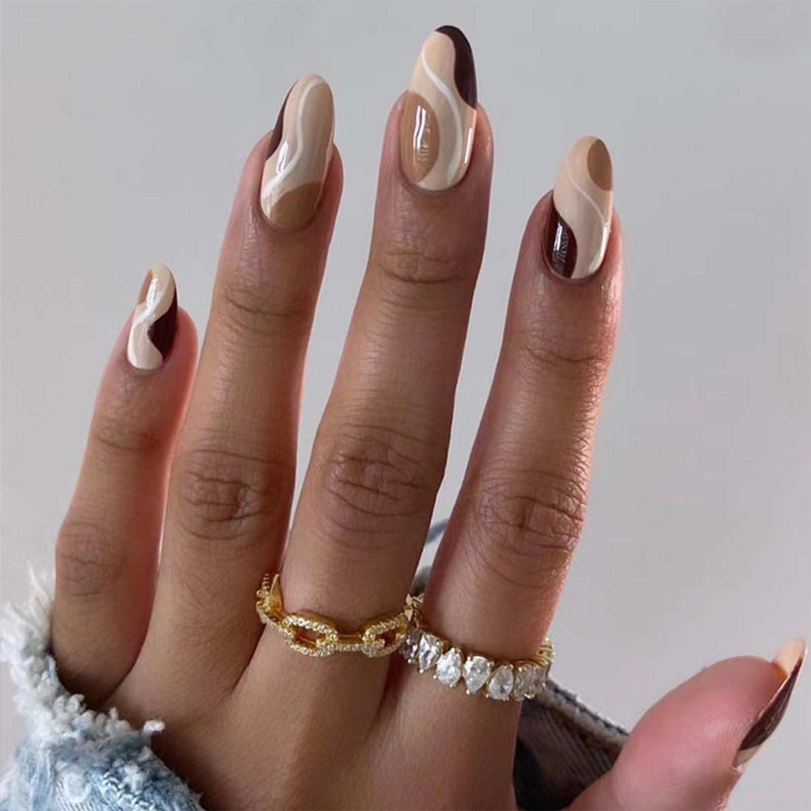 24pcs/box Fake French y2k Nails Press On Long Stiletto Almond Shape Wearable False Nails With Stars Designs Full Cover Nail Tips style14