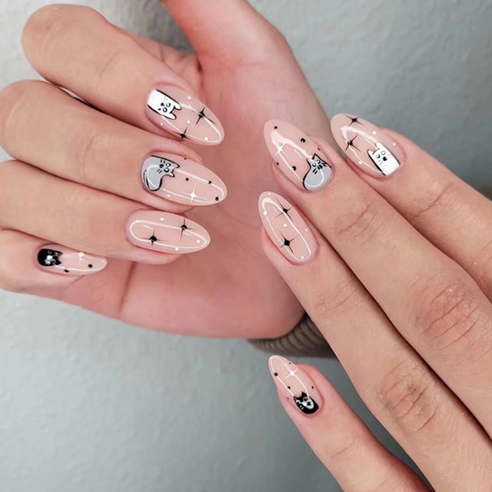 24pcs/box Fake French y2k Nails Press On Long Stiletto Almond Shape Wearable False Nails With Stars Designs Full Cover Nail Tips style13