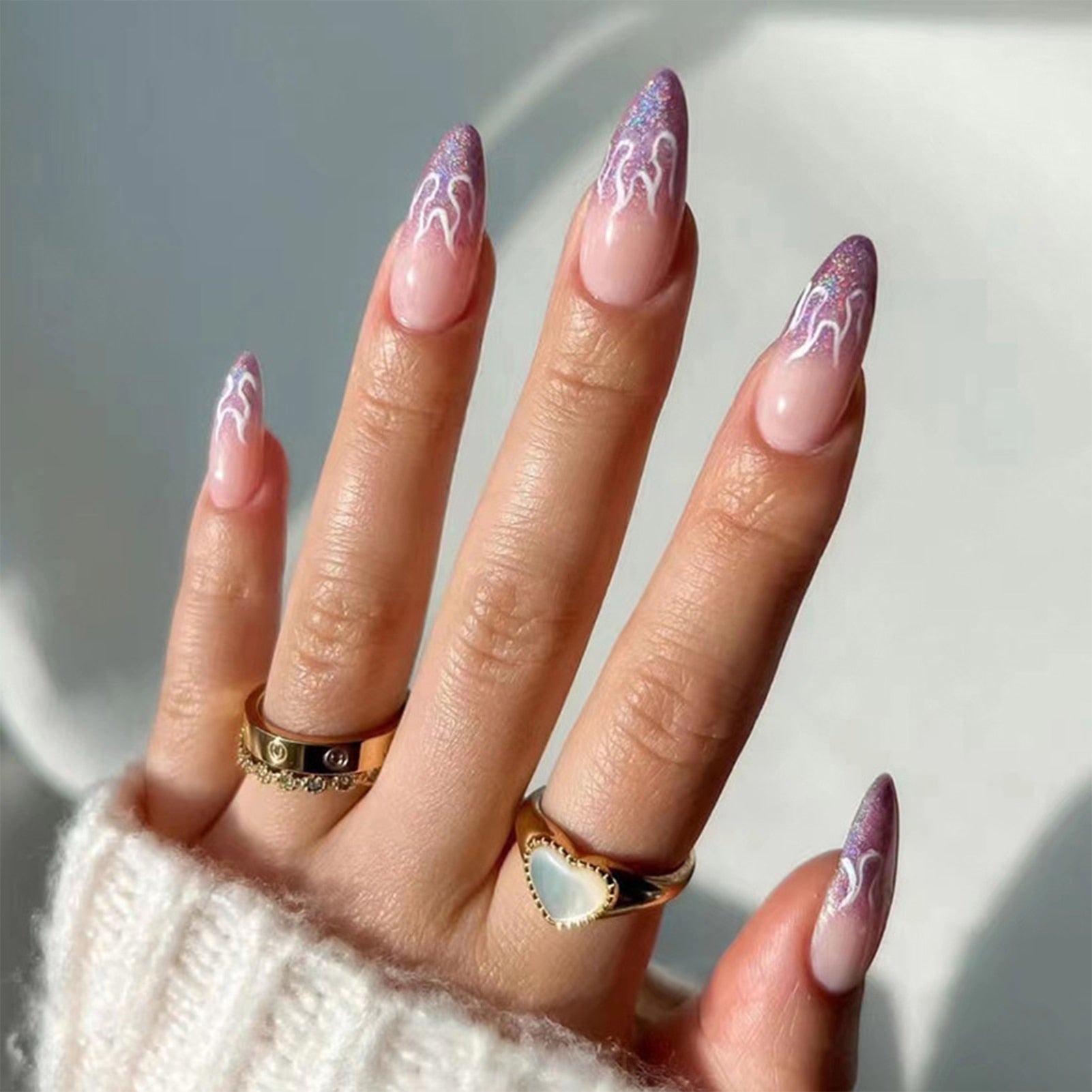 24pcs/box Fake French y2k Nails Press On Long Stiletto Almond Shape Wearable False Nails With Stars Designs Full Cover Nail Tips style18