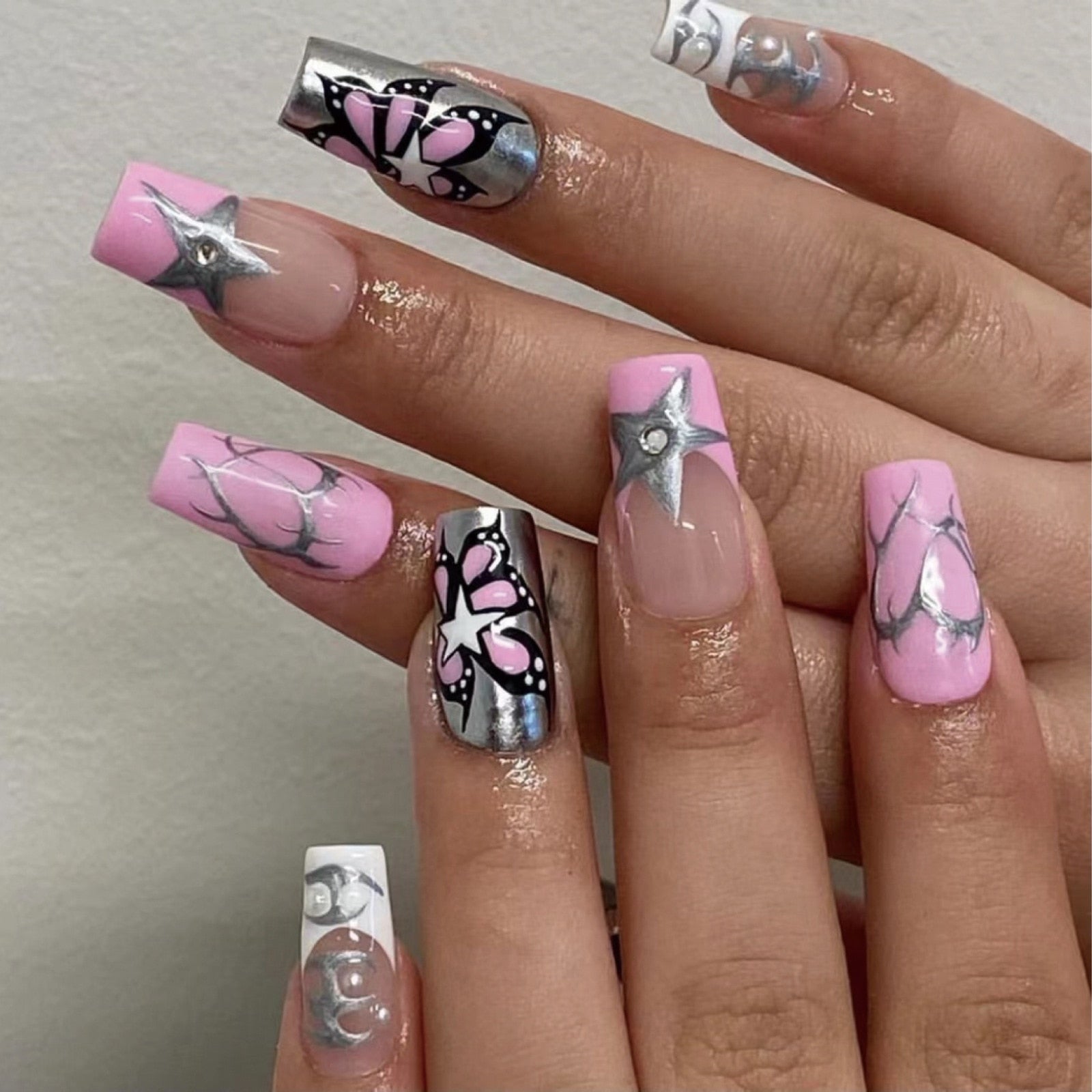 24pcs/box Fake French y2k Nails Press On Long Stiletto Almond Shape Wearable False Nails With Stars Designs Full Cover Nail Tips style22