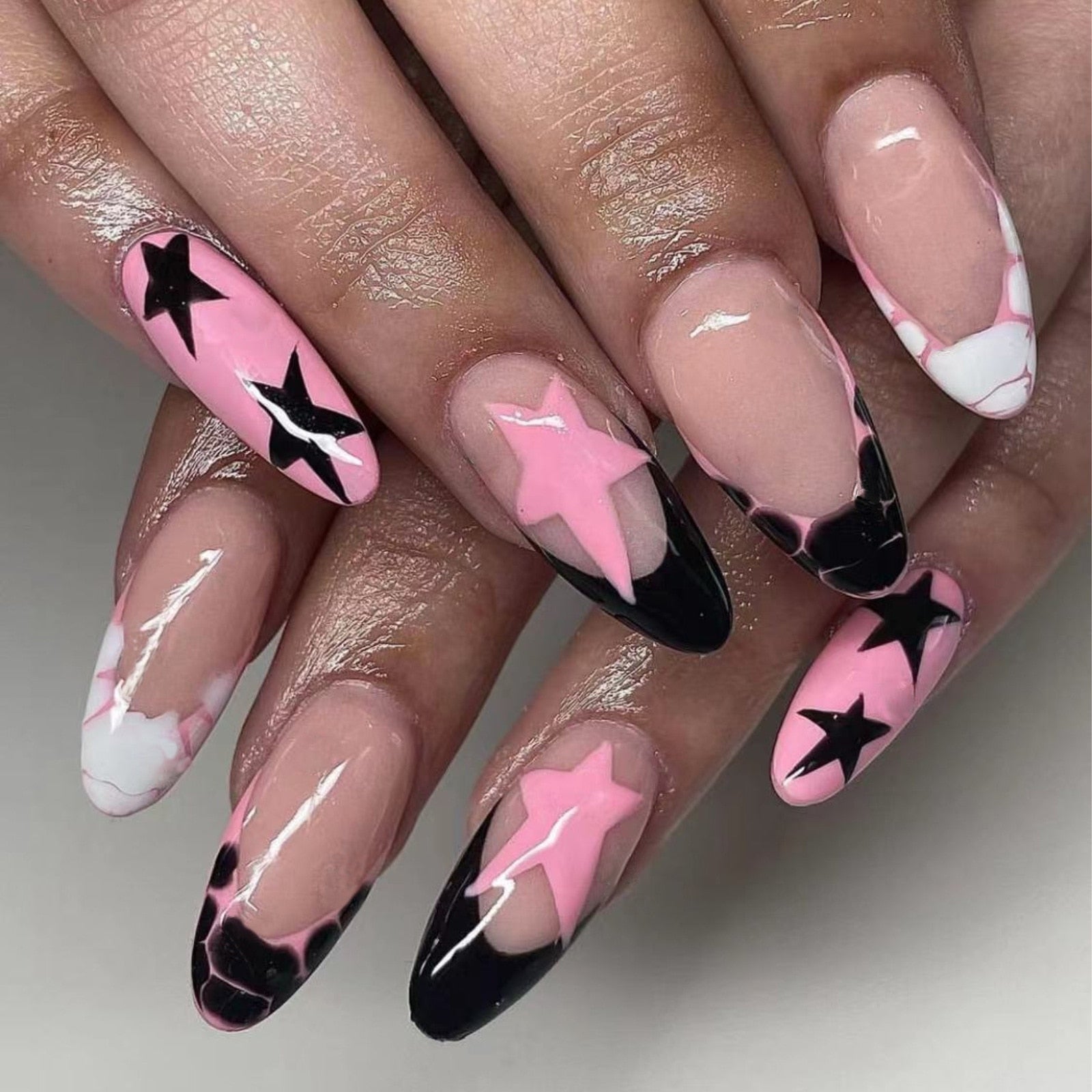 24pcs/box Fake French y2k Nails Press On Long Stiletto Almond Shape Wearable False Nails With Stars Designs Full Cover Nail Tips style16