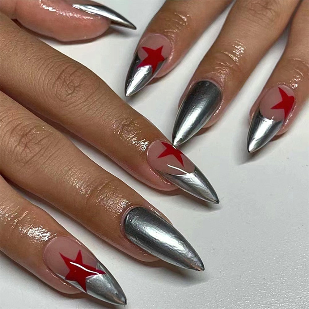 24pcs/box Fake French y2k Nails Press On Long Stiletto Almond Shape Wearable False Nails With Stars Designs Full Cover Nail Tips style3