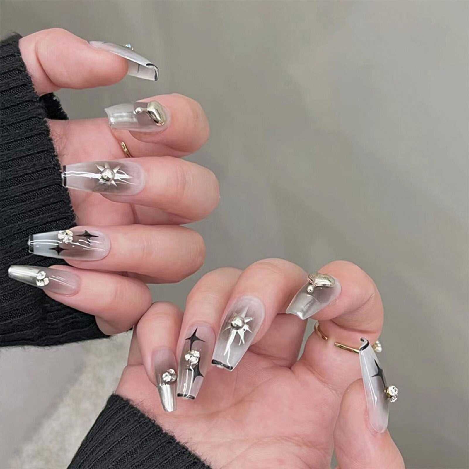 24pcs/box Fake French y2k Nails Press On Long Stiletto Almond Shape Wearable False Nails With Stars Designs Full Cover Nail Tips style21