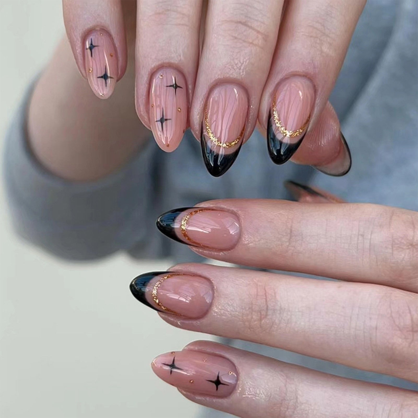 24pcs/box Fake French y2k Nails Press On Long Stiletto Almond Shape Wearable False Nails With Stars Designs Full Cover Nail Tips style28