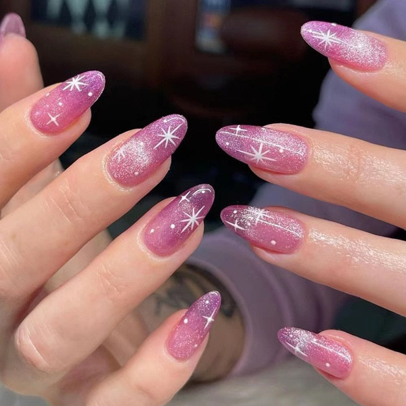 24pcs/box Fake French y2k Nails Press On Long Stiletto Almond Shape Wearable False Nails With Stars Designs Full Cover Nail Tips style26