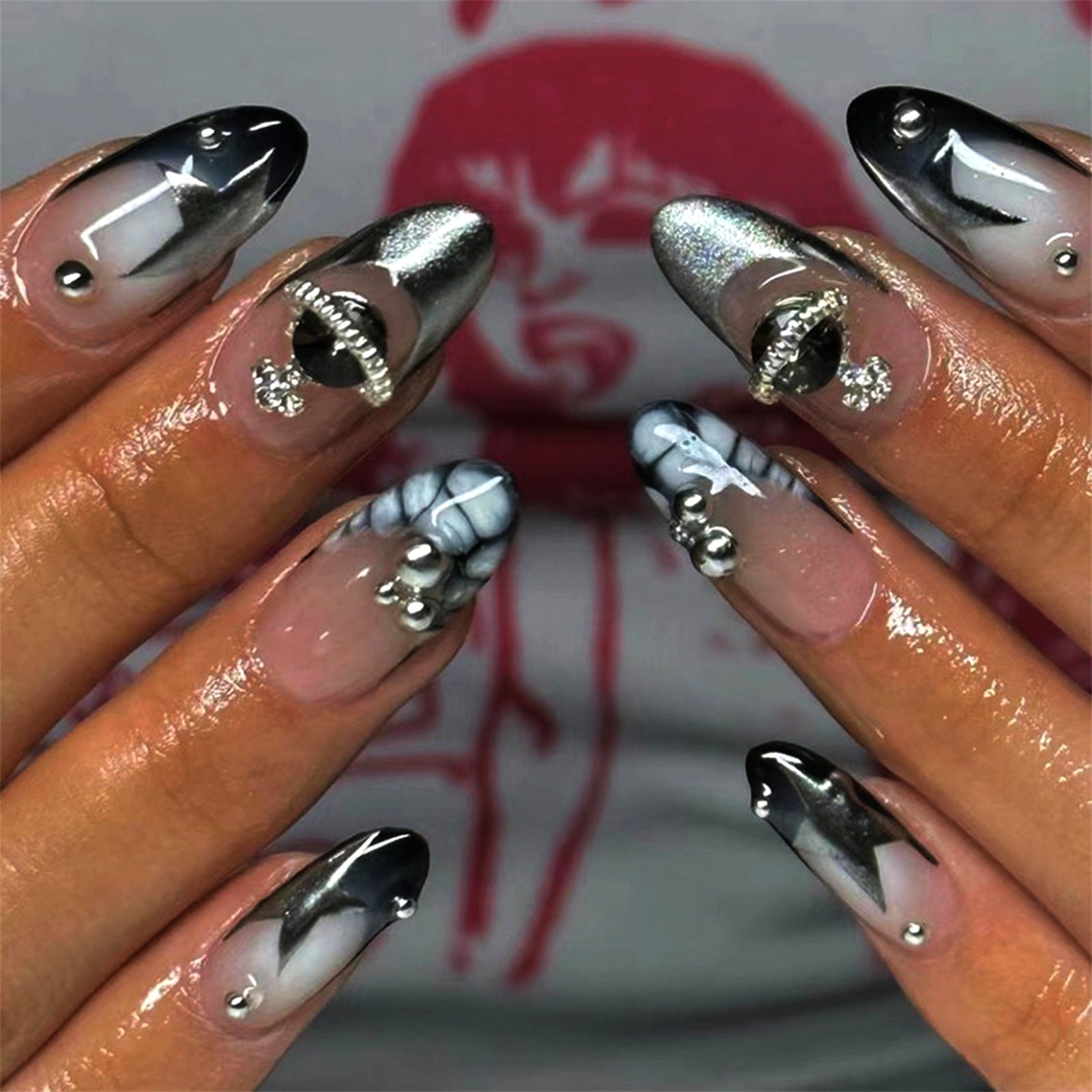 24pcs/box Fake French y2k Nails Press On Long Stiletto Almond Shape Wearable False Nails With Stars Designs Full Cover Nail Tips style19