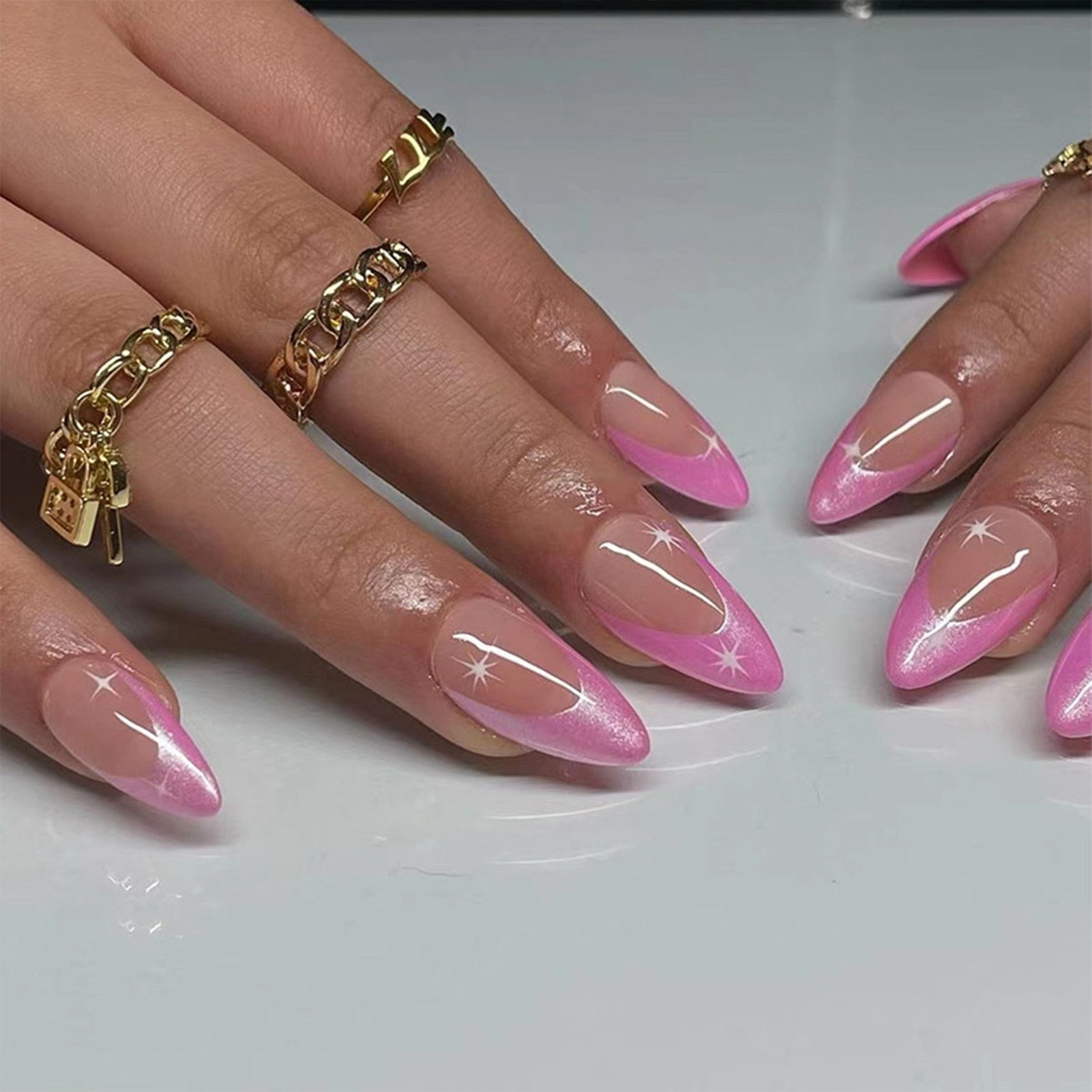 24pcs/box Fake French y2k Nails Press On Long Stiletto Almond Shape Wearable False Nails With Stars Designs Full Cover Nail Tips style31