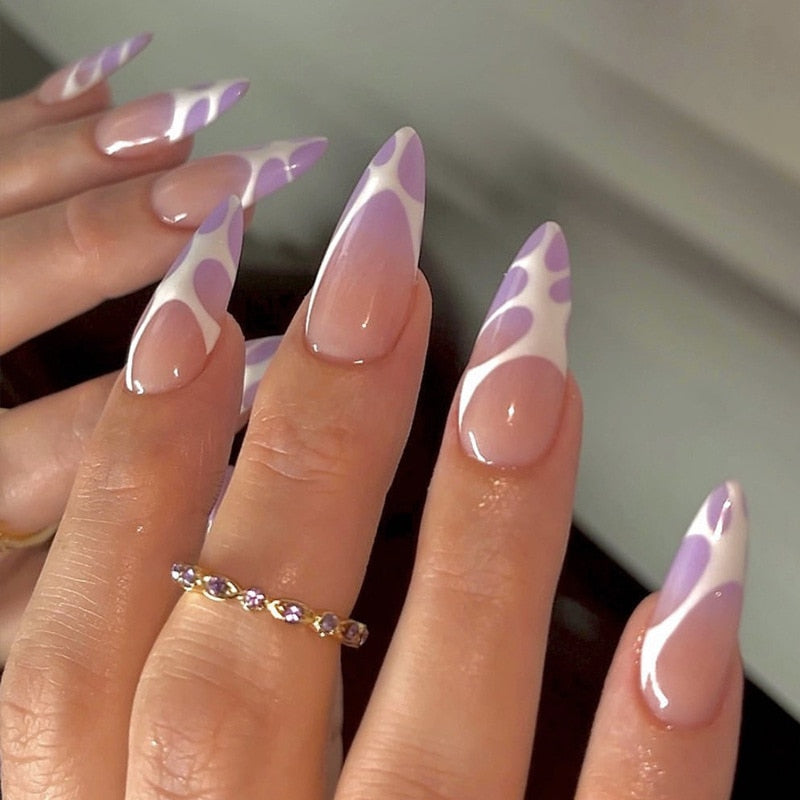 24pcs/box Fake French y2k Nails Press On Long Stiletto Almond Shape Wearable False Nails With Stars Designs Full Cover Nail Tips style33