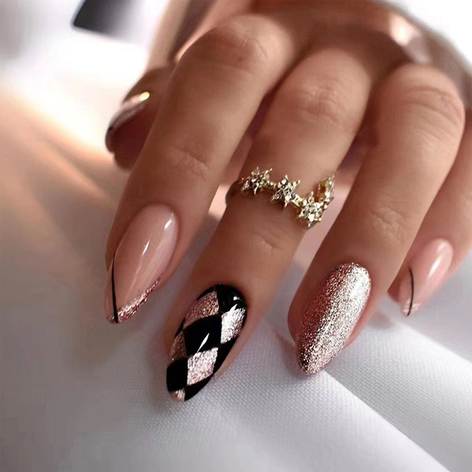 24pcs/box Fake French y2k Nails Press On Long Stiletto Almond Shape Wearable False Nails With Stars Designs Full Cover Nail Tips style20