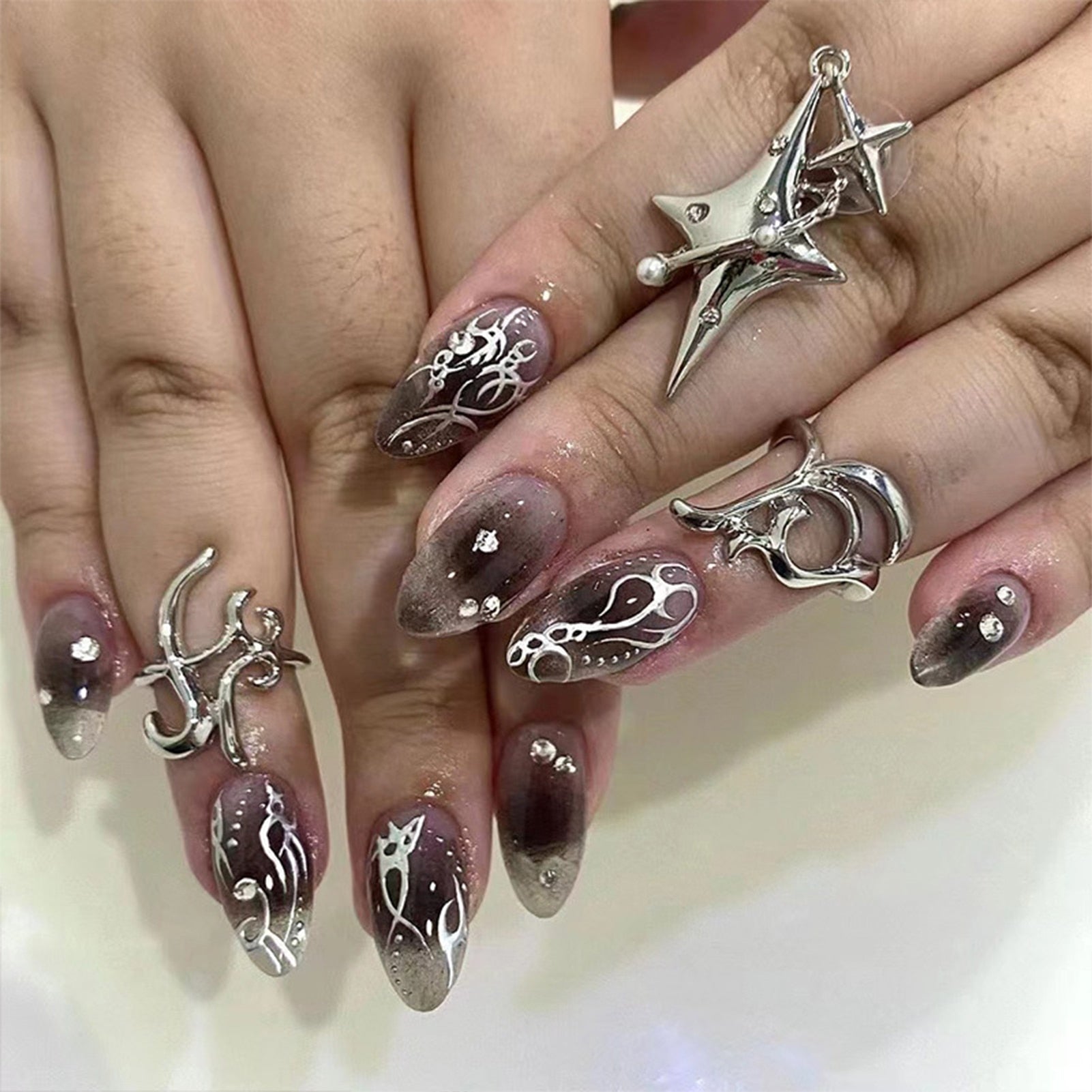 24pcs/box Fake French y2k Nails Press On Long Stiletto Almond Shape Wearable False Nails With Stars Designs Full Cover Nail Tips style6