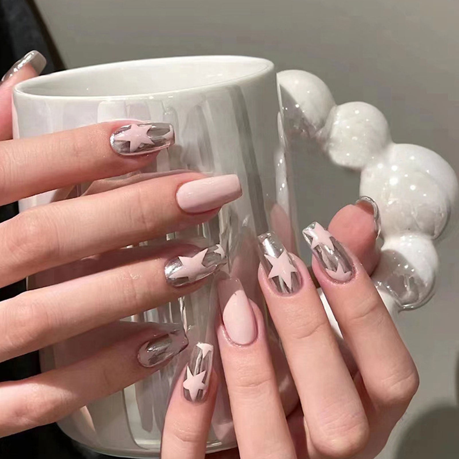 24pcs/box Fake French y2k Nails Press On Long Stiletto Almond Shape Wearable False Nails With Stars Designs Full Cover Nail Tips style5