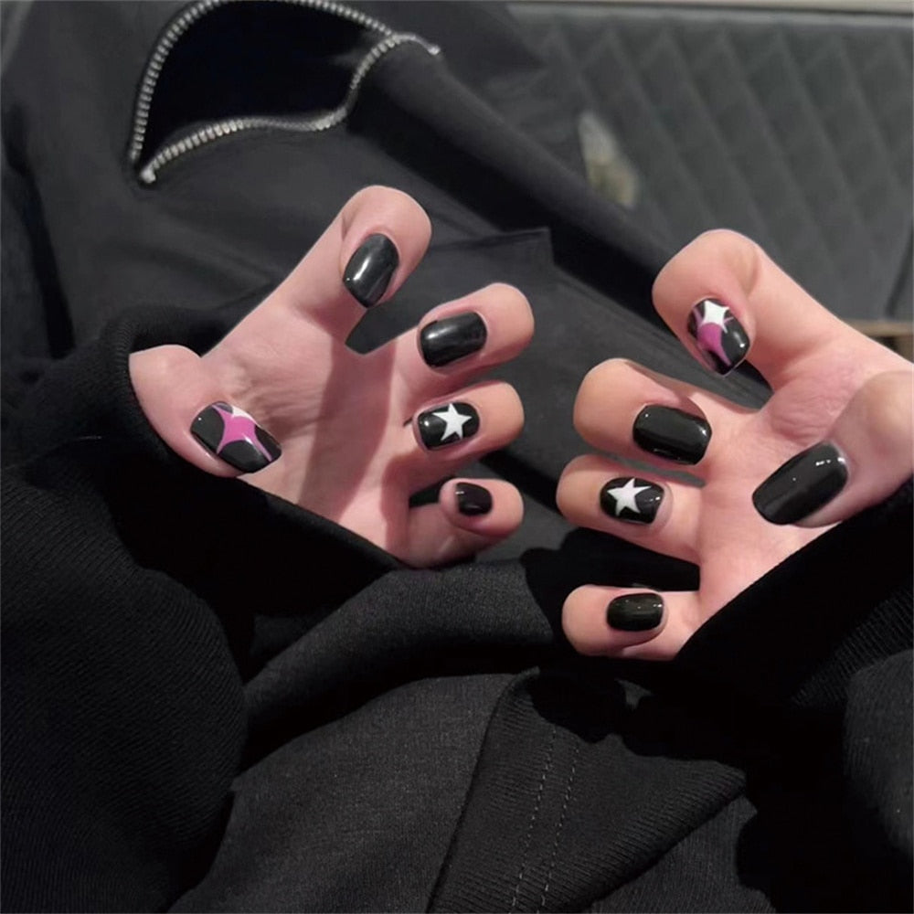 24pcs/box Fake French y2k Nails Press On Long Stiletto Almond Shape Wearable False Nails With Stars Designs Full Cover Nail Tips style4