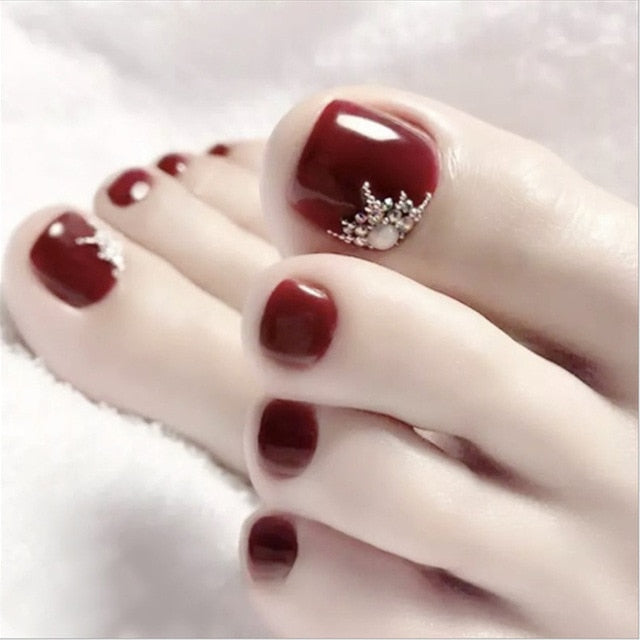 24pcs/box Fake Toenails With Designs Artificial Press On Nail Tips Full Cover Over Head False Nails With Glue Nail Art For Girls Style 35