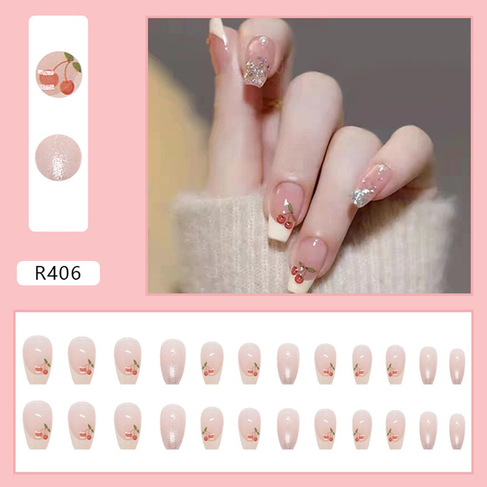 24pcs false nails matte Green Nails Patch with glue Removable Long Paragraph Fashion Manicure press on Nail tips N 8