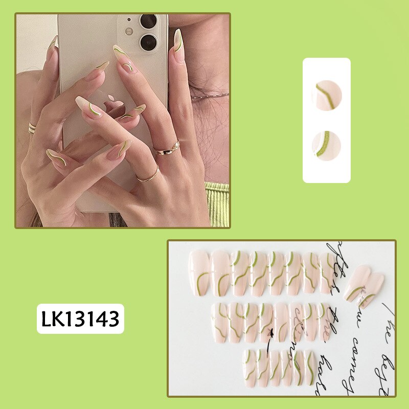24pcs false nails matte Green Nails Patch with glue Removable Long Paragraph Fashion Manicure press on Nail tips N 32