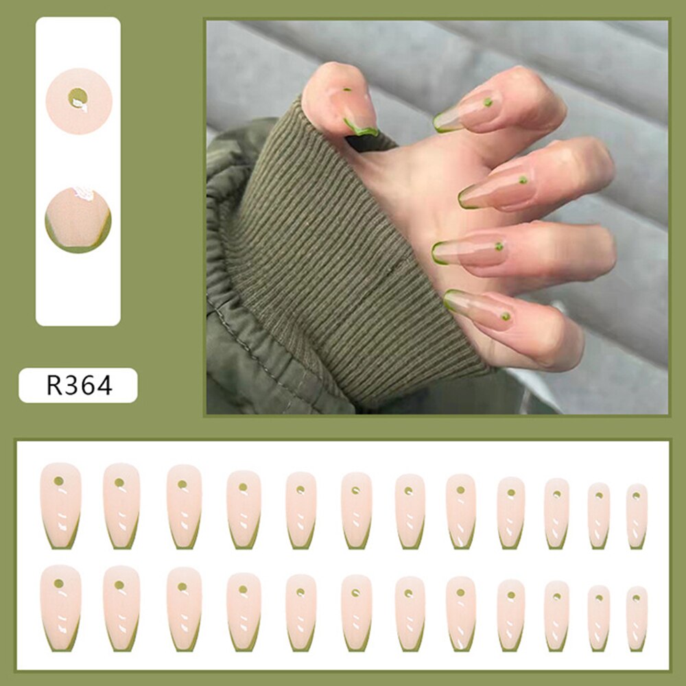 24pcs false nails matte Green Nails Patch with glue Removable Long Paragraph Fashion Manicure press on Nail tips N 23