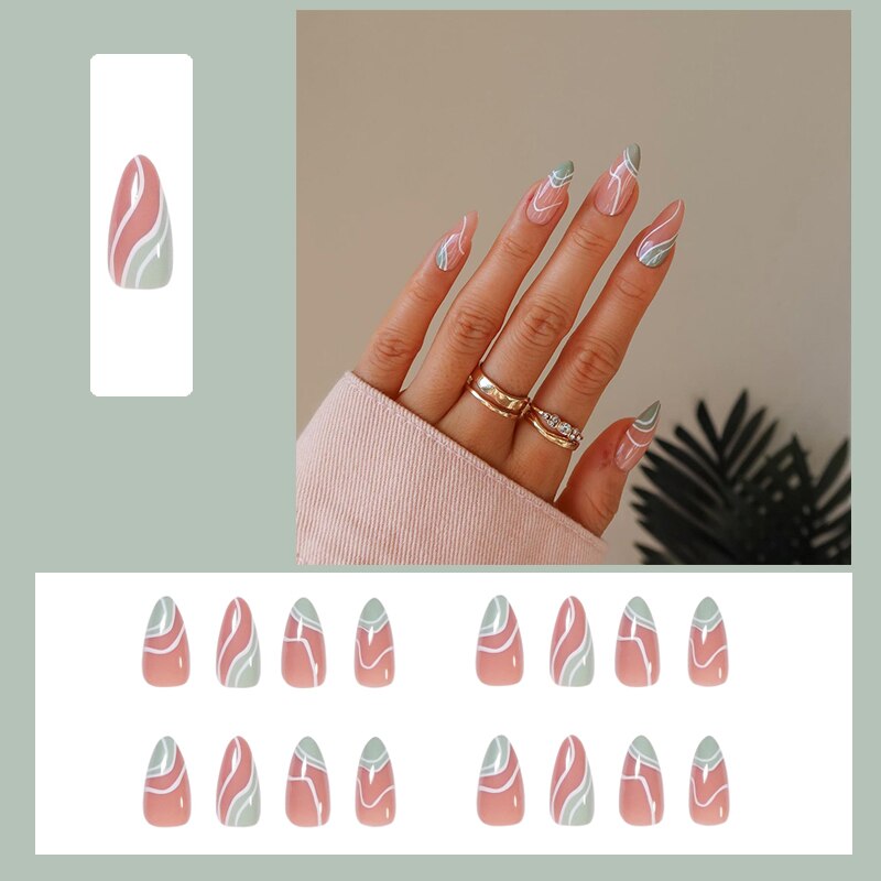 24pcs false nails matte Green Nails Patch with glue Removable Long Paragraph Fashion Manicure press on Nail tips N 29