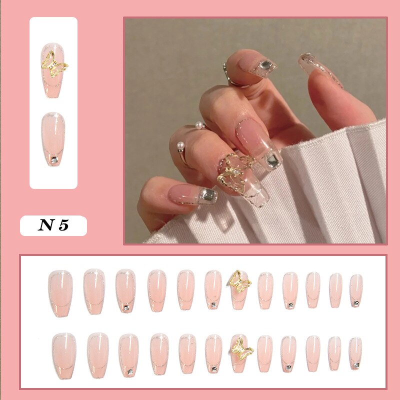 24pcs false nails matte Green Nails Patch with glue Removable Long Paragraph Fashion Manicure press on Nail tips N 5