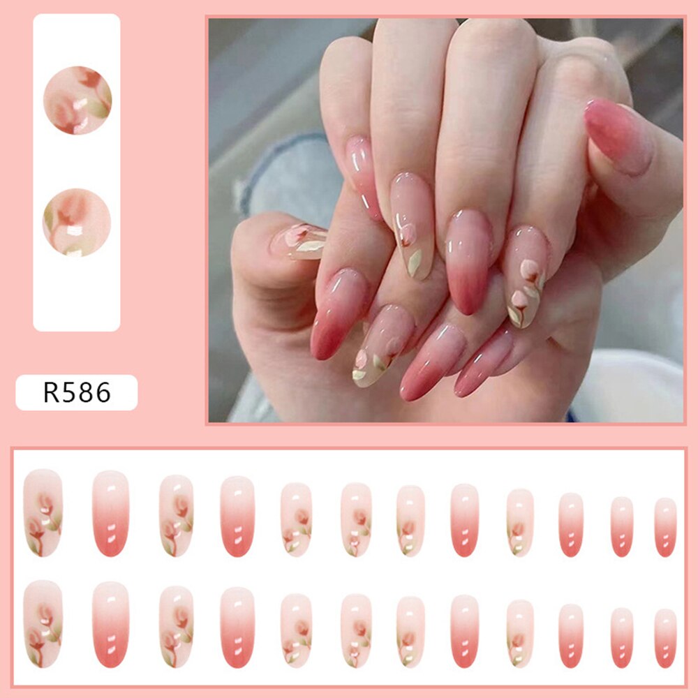 24pcs false nails matte Green Nails Patch with glue Removable Long Paragraph Fashion Manicure press on Nail tips N 27