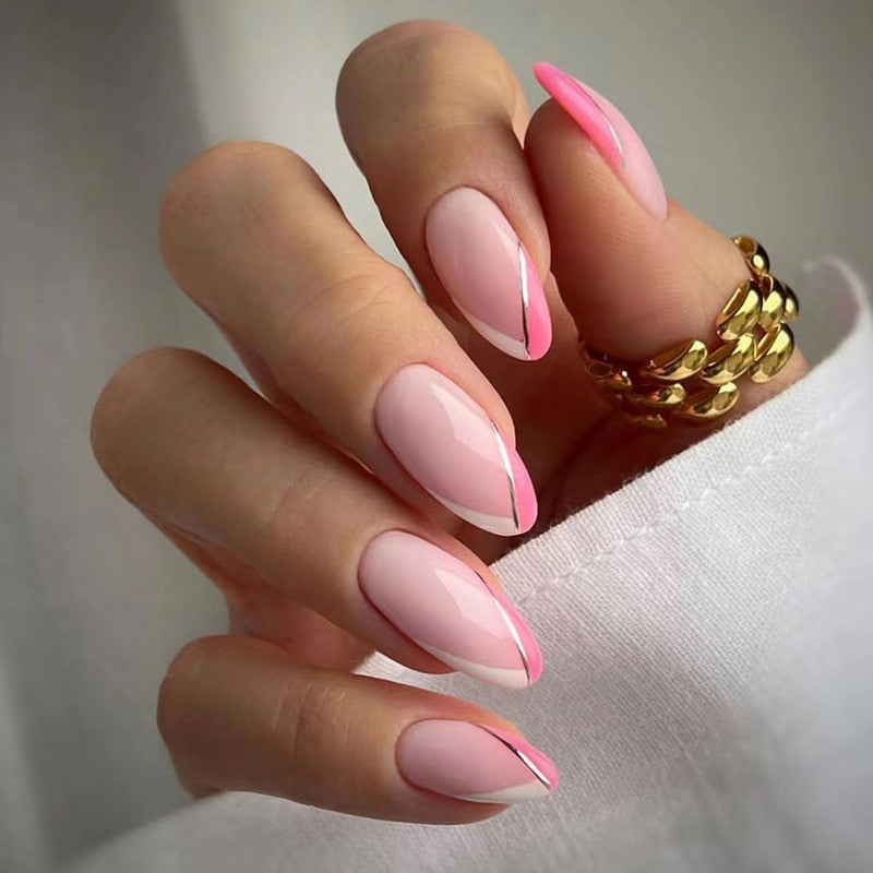 24pcs false nails with almond head French artificial nails with glue Long Paragraph Manicure full cover Stiletto press on nails 857
