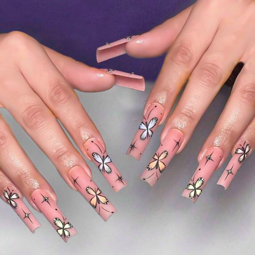24pcs removeable false nails with glue Ballet nails with designs Gradient Shinny brown press on nails coffin glitter fake nails MJE-096