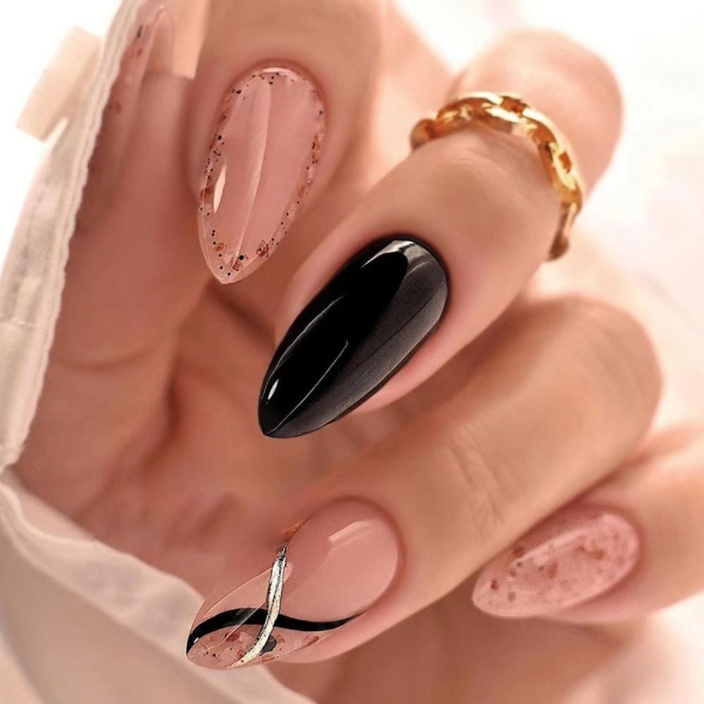 24pcs/set Long Stiletto Fake Nails Punk Snake Pattern Black White Matte False Nails Artificial Full Nail Tips Manicure Tools A-15