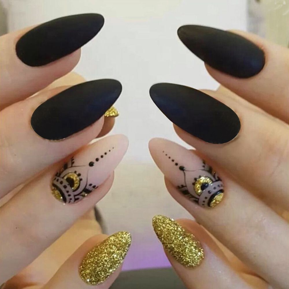 24pcs/set Long Stiletto Fake Nails Punk Snake Pattern Black White Matte False Nails Artificial Full Nail Tips Manicure Tools A-8