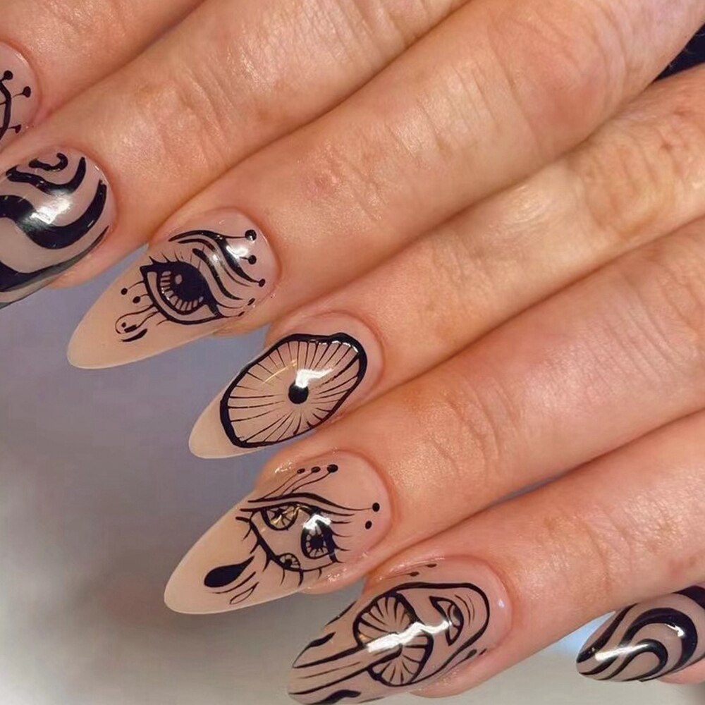 24pcs/set Long Stiletto Fake Nails Punk Snake Pattern Black White Matte False Nails Artificial Full Nail Tips Manicure Tools B-6