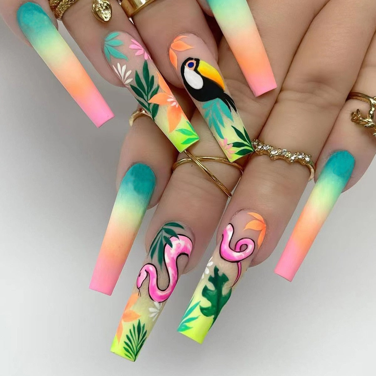 24pcs/set fake nails accessories Spring summer brids snake leaf designs long french coffin tips faux ongles press on false nail Default Title