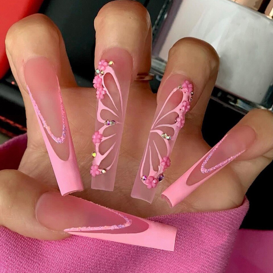 24pcs/set pink butterfly fake nails with glitter diamond designs long french coffin tips faux ongles press on false nail supplie Default Title