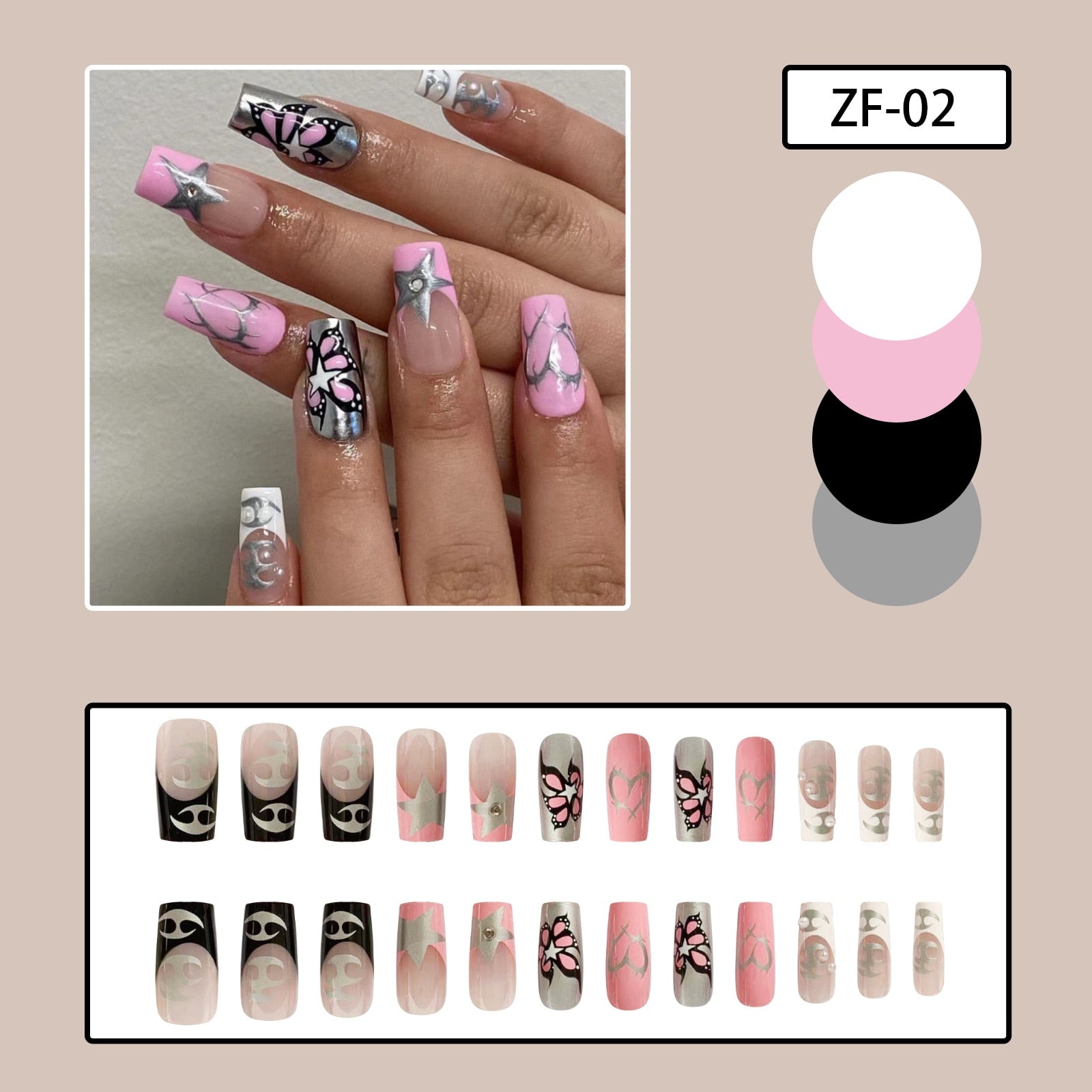 24pcs y2k Fake Nails Black White Star Printed Press on Nail Tips Long Coffin European Artificial Nail Patch for Girl Women H5