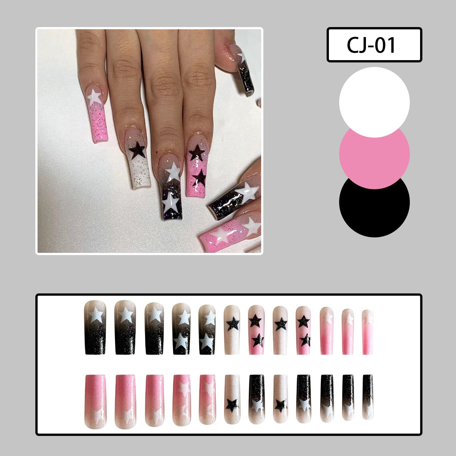 24pcs y2k Fake Nails Black White Star Printed Press on Nail Tips Long Coffin European Artificial Nail Patch for Girl Women H2