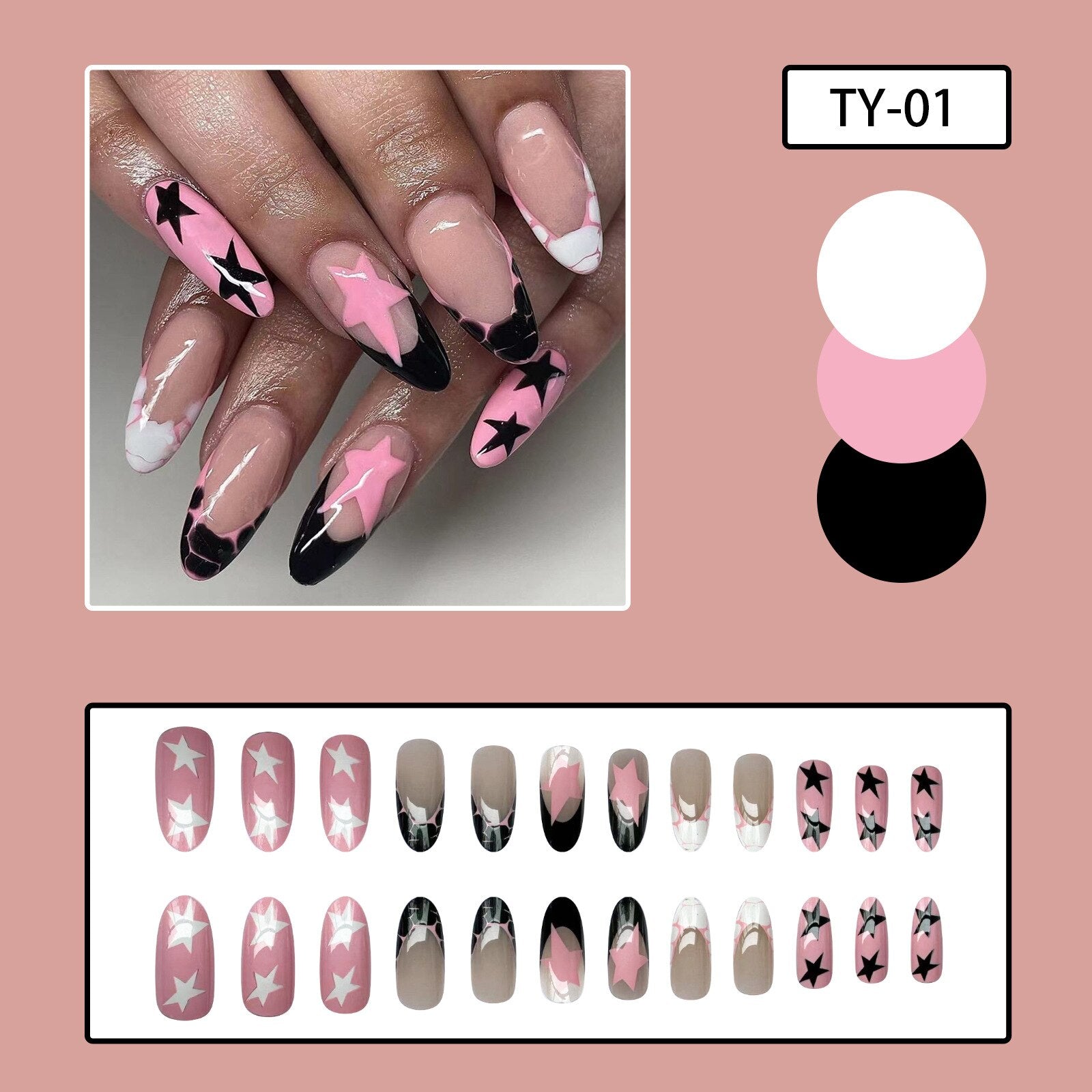 24pcs y2k Fake Nails Black White Star Printed Press on Nail Tips Long Coffin European Artificial Nail Patch for Girl Women H7