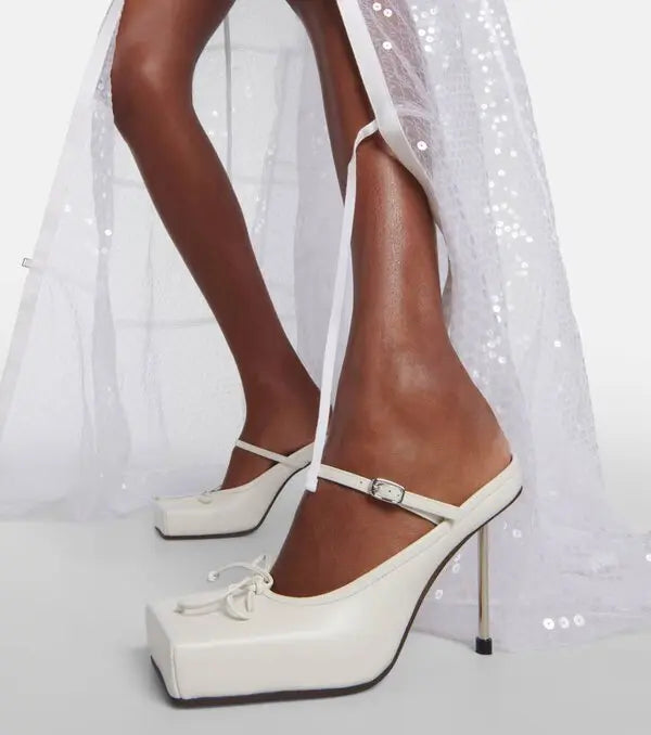 Butterfly-Knot Metal Heeled Sandals Red Square Toe Solid Color Mules Summer Pull On Slip On Slides Black Luxury Ladies Shoes