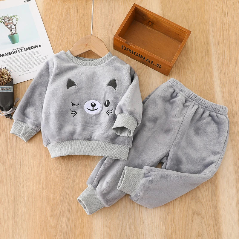 2PCS Baby Set Infant Autumn and Winter French Brushed Cartoon Cat Embroidered Long Sleeve Pants Warm GRAY