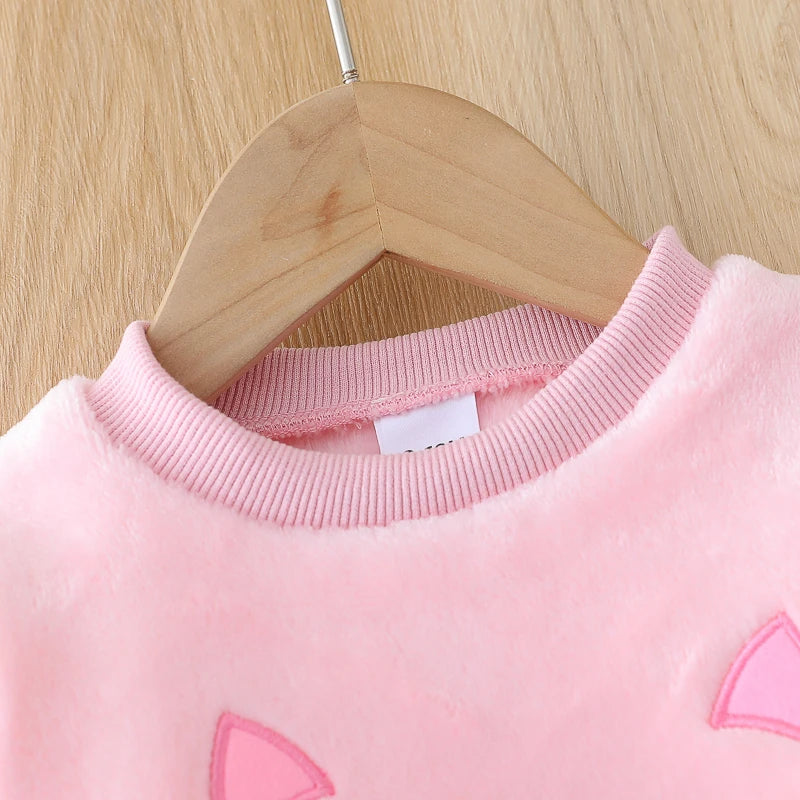 2PCS Baby Set Infant Autumn and Winter French Brushed Cartoon Cat Embroidered Long Sleeve Pants Warm