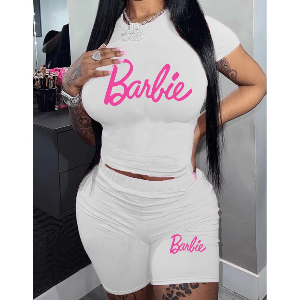 2Pcs Set Barbie Female T-Shirt Shorts Suit Kawaii Soft Y2K Girls Oversize Sports Sweatshirt Set Fashion Ladies Short Sleeves white