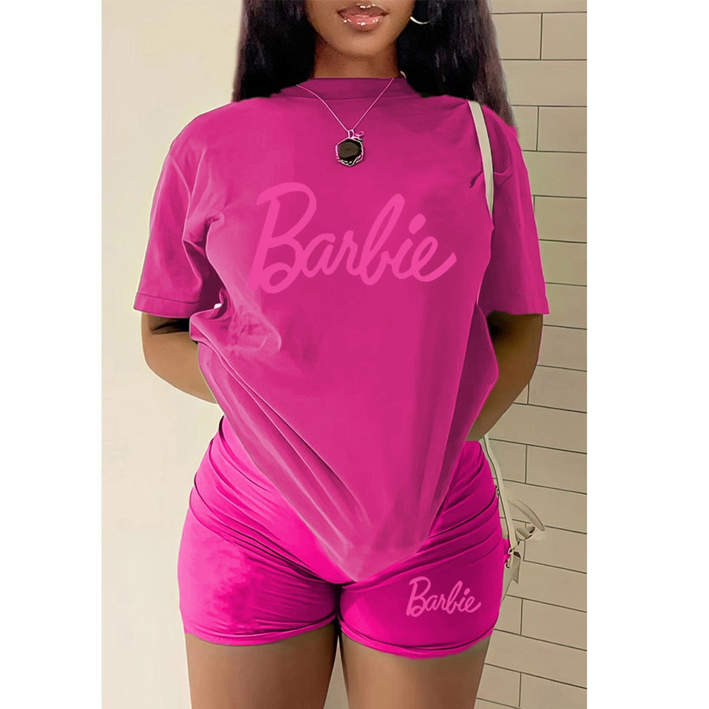 2Pcs Set Barbie Female T-Shirt Shorts Suit Kawaii Soft Y2K Girls Oversize Sports Sweatshirt Set Fashion Ladies Short Sleeves rose red