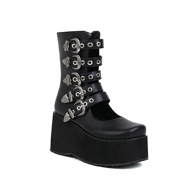 Punk Rivet Thick Bottom Platform Female Ankle Boots Black
