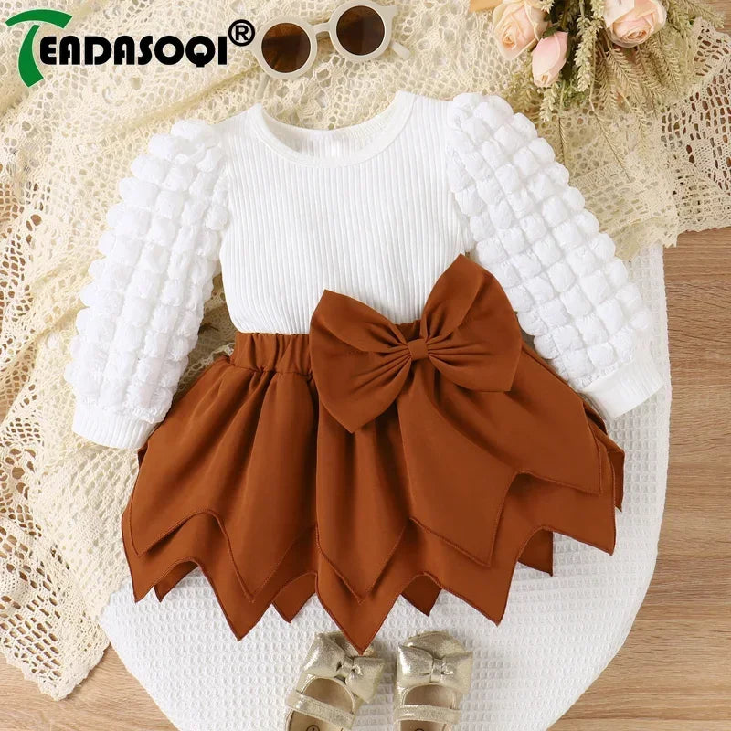 3-24M Newborn Baby Girl Clothes Sets Plaid Bubble Pit Long Sleeve Tops+Bowknot Layered Short Skirt 2Pcs Sets Kids Girls Outfits