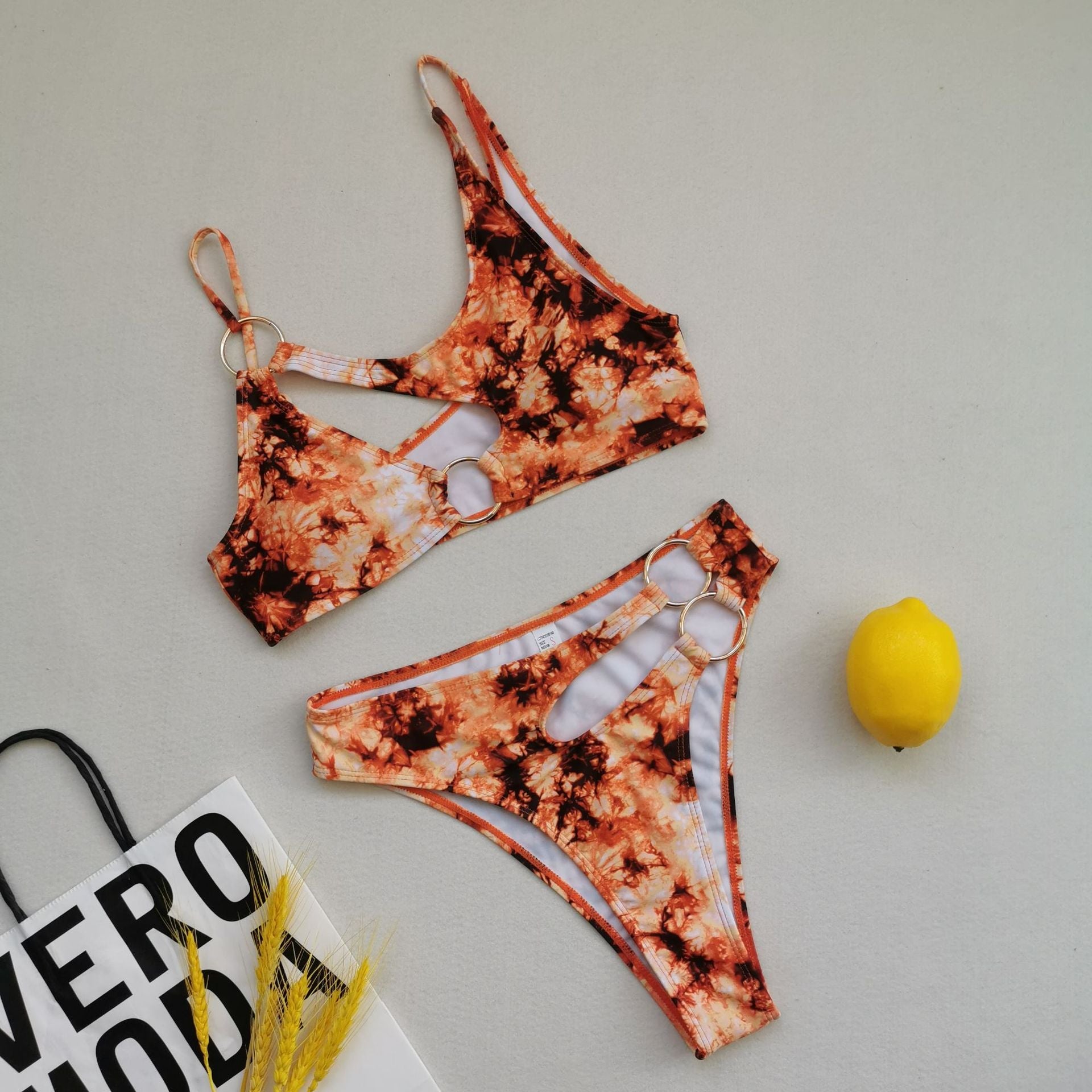 3 Colors Sexy Bikini High Waist Hollow Print Metal Ring Swimwear Yellow