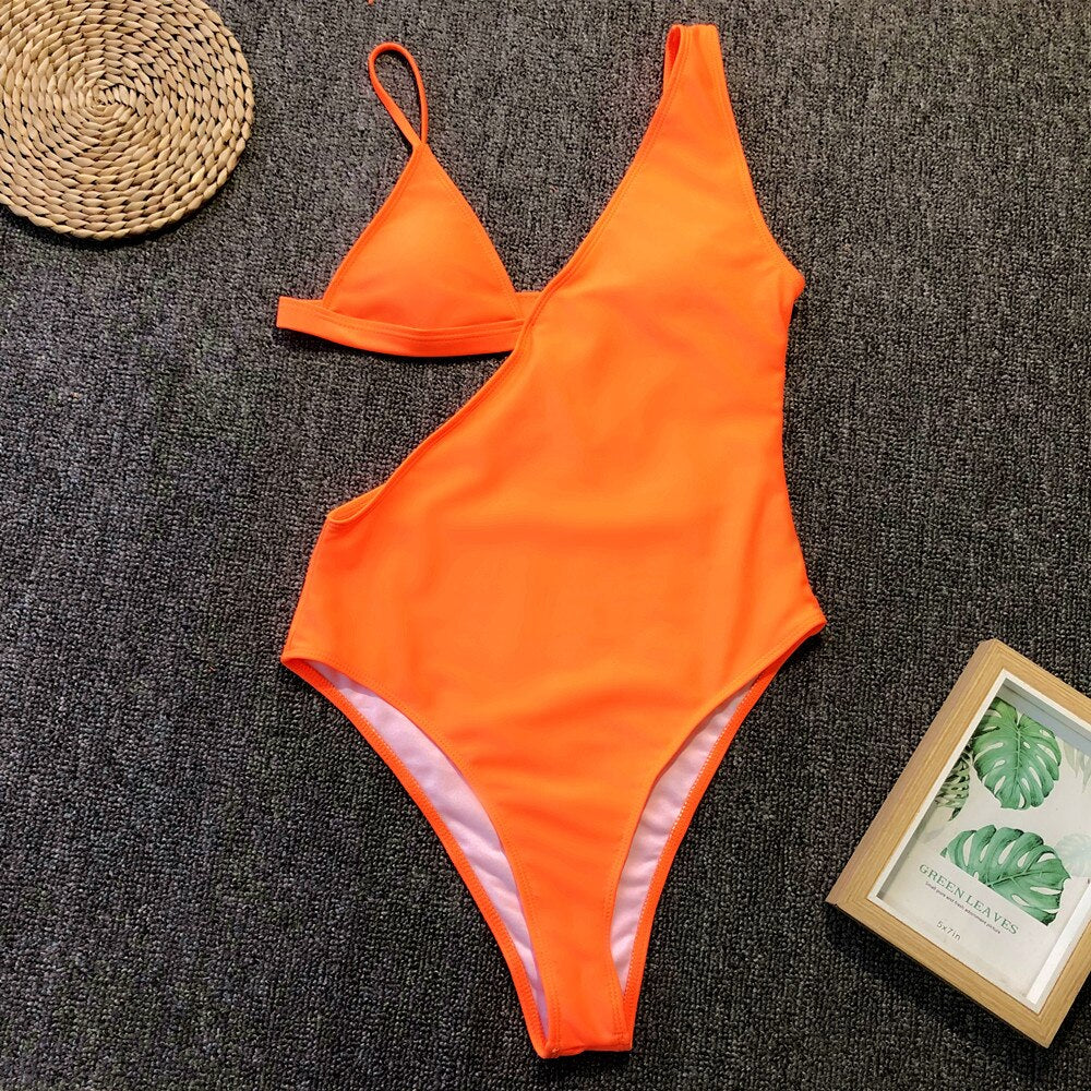 3 Colors Sexy One Piece Swimsuit Swimwear - Hollow Solid One-piece Bathing Suit Beachwear Banadores Mujer Orange