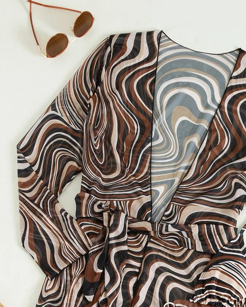 3 Pack Fluid Pattern Lace Up Bikini Tropical Swimsuit and Kimono Sexy - Three Pieces Swimwear