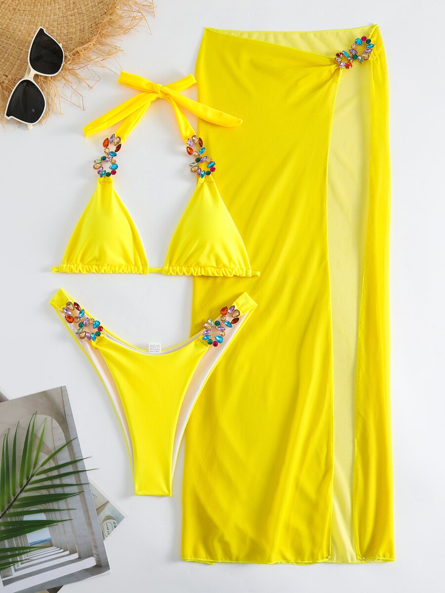3 Piece Backless Bikinis & Long Beach Skirt Swimwear Women 2024New Colorful Diamond Link Swimsuit Summer Beachwear Lady Swimming s2Yellow
