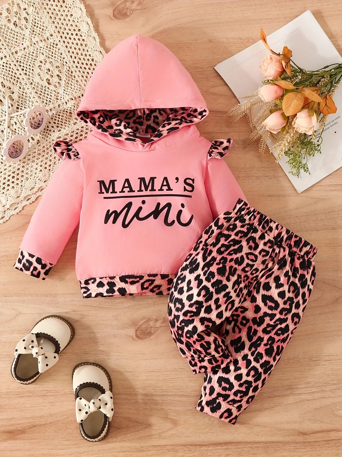 3 months to 3 years old baby girls casual leopard print fashion clothing letter print hoodie pant suit autumn and winter Peach