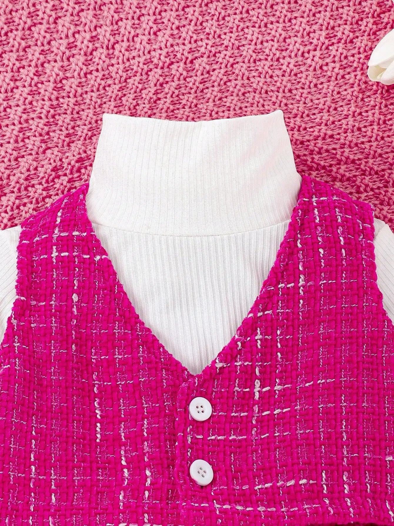 3-piece Autumn/Winter Baby Girl Cute and Sweet Western-Style White Long-Sleeved Rose Red Vest and Skirt Warm Comfort Suit