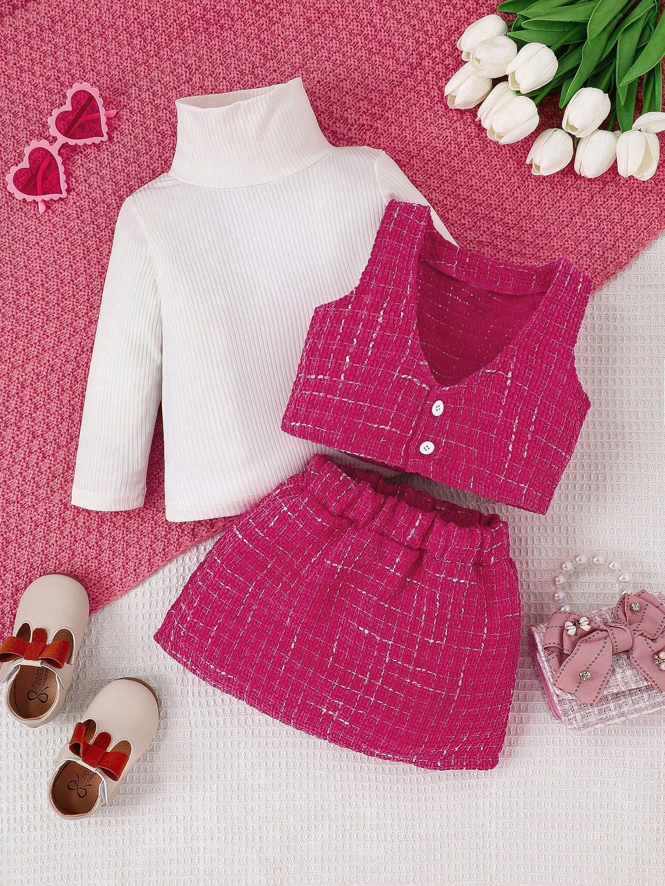 3-piece Autumn/Winter Baby Girl Cute and Sweet Western-Style White Long-Sleeved Rose Red Vest and Skirt Warm Comfort Suit
